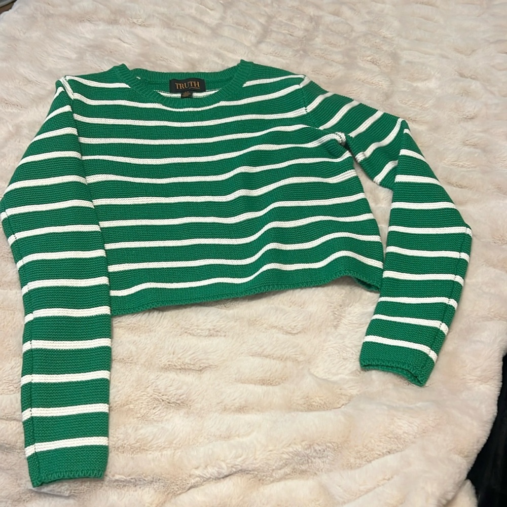 Truth Cropped Green & White Striped Knit Sweatshirt